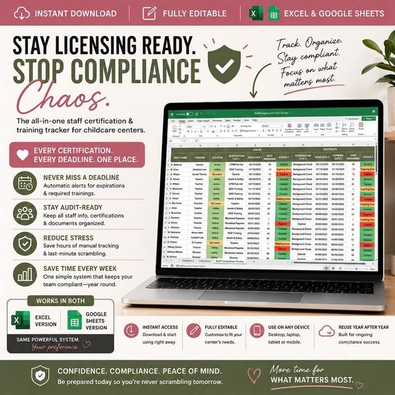 Childcare Compliance Tracker | Staff Certification & Training Log | CPR SIDS Licensing Tracker | Excel AND Google Sheets