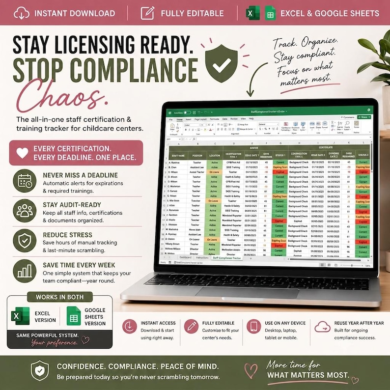 May include: A digital staff certification and training tracker template for childcare centers, displayed on a laptop screen. The interface shows a spreadsheet with columns for staff names, positions, locations, and certification statuses in green, red, and yellow.