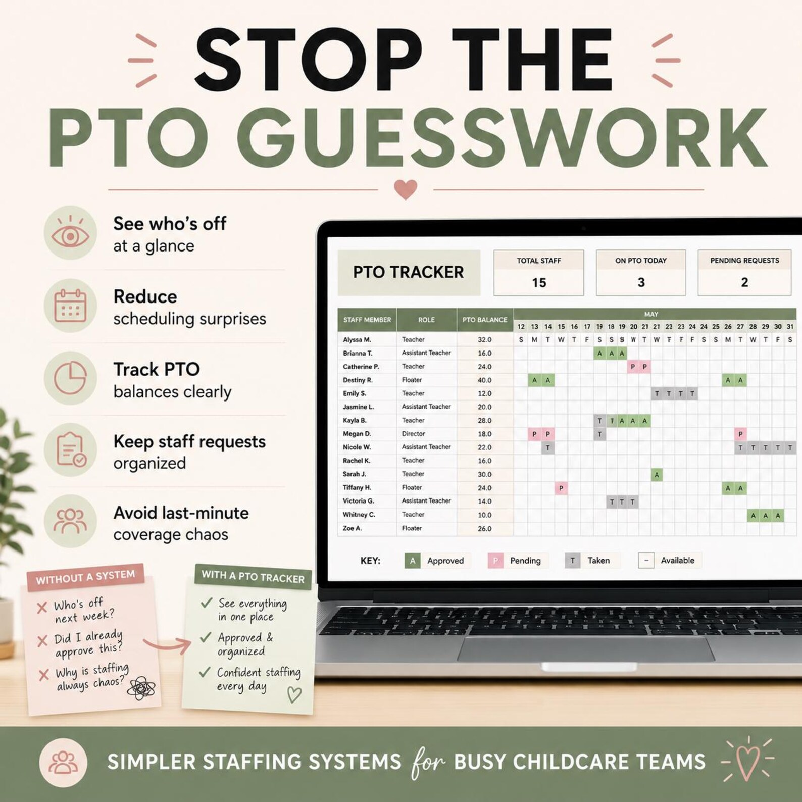 Pto Monthy Tracker Childcare PTO Tracker Spreadsheet | Daycare Staff Time off Tracker ...