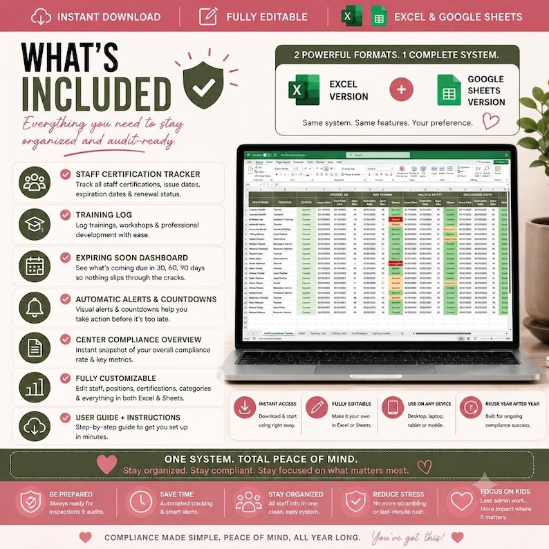 Childcare Compliance Tracker | Staff Certification & Training Log | CPR SIDS Licensing Tracker | Excel AND Google Sheets image 2