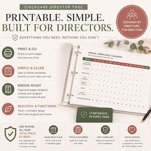 Pu&ograve; includere: Uno strumento per direttori di asili nido con il testo "PRINTABLE. SIMPLE. BUILT FOR DIRECTORS." Un raccoglitore aperto mostra un calendario annuale di conformit&agrave;. Il design include icone e testo come "PRINT & GO" e "CONFIDENCE IN EVERY PAGE."