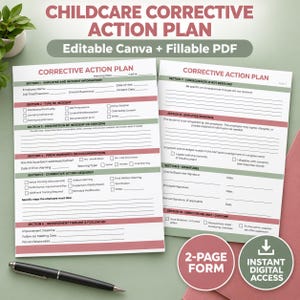 May include: A two-page Childcare Corrective Action Plan form with sections for employee information, incident description, prior warnings, corrective actions, and signatures. The document features pink and green headers, fillable lines, and checkboxes.