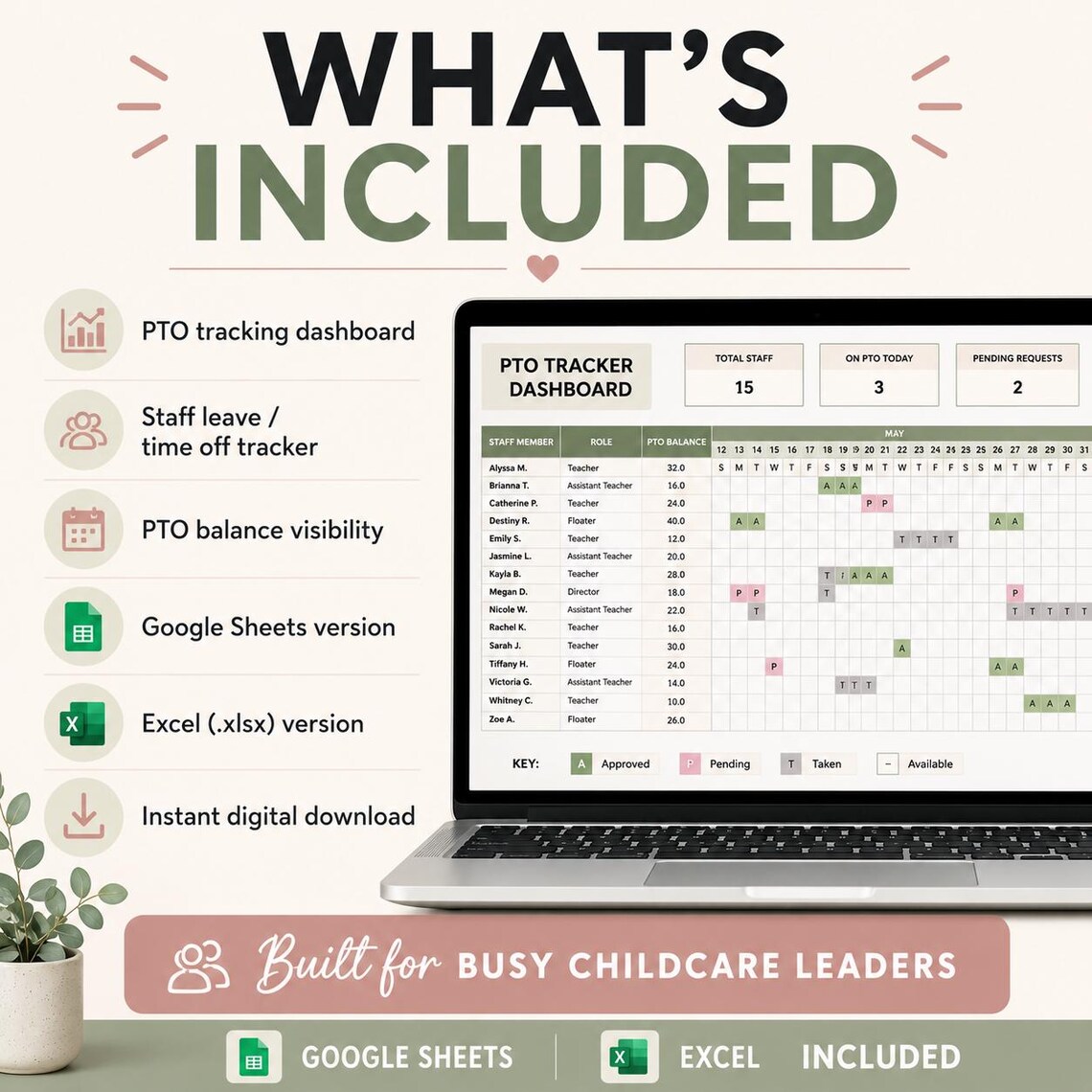 Pto Monthy Tracker Childcare PTO Tracker Spreadsheet | Daycare Staff Time off Tracker ...