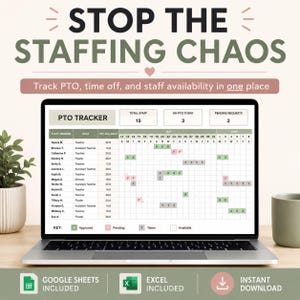 May include: A laptop displays a PTO tracker spreadsheet with the text "STOP THE STAFFING CHAOS." The screen shows staff member names, roles, and PTO balances. The image includes the text "GOOGLE SHEETS INCLUDED," "EXCEL INCLUDED," and "INSTANT DOWNLOAD."