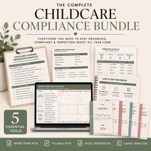 May include: The Complete Childcare Compliance Bundle includes a clipboard with a licensing checklist, a laptop displaying an annual compliance calendar, a corrective action plan, a corrective action log, and several document folders for staff files.