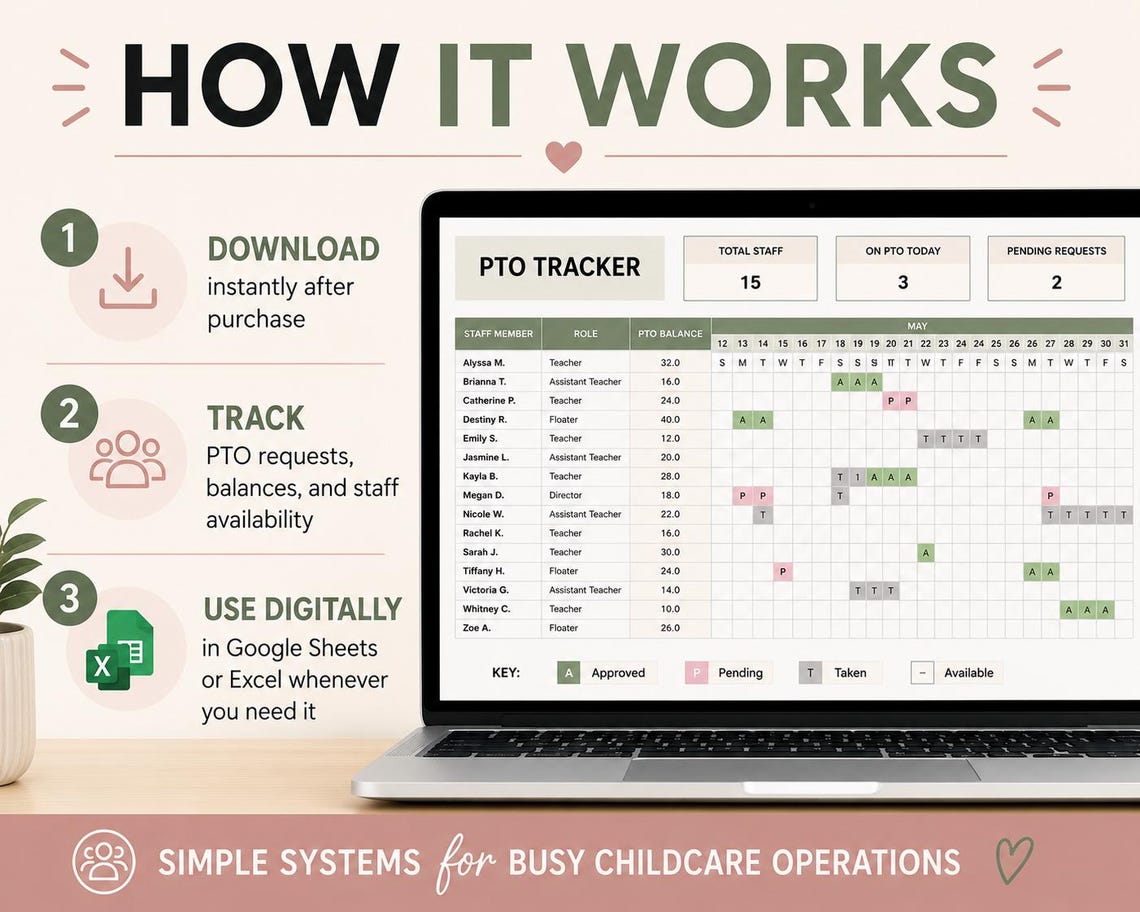 Childcare PTO Tracker Spreadsheet | Daycare Staff Time off Tracker ...