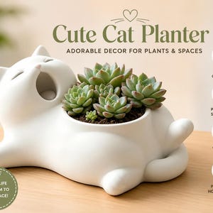 May include: A white ceramic cat-shaped planter featuring a yawning feline expression with closed eyes. The planter holds a cluster of green succulent plants. Text on the image includes "Cute Cat Planter," "ADORABLE DECOR FOR PLANTS & SPACES," and "BRING LIFE & CHARM TO ANY SPACE!" along with various icons.