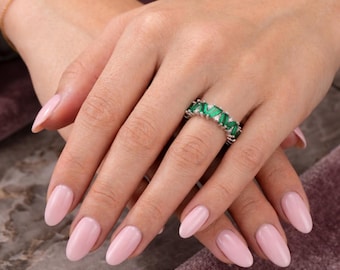 Luxury Emerald Green Eternity Ring Gold Plated Silver Tone CZ Band Ring, Statement Stackable Ring, Elegant Gift for Her