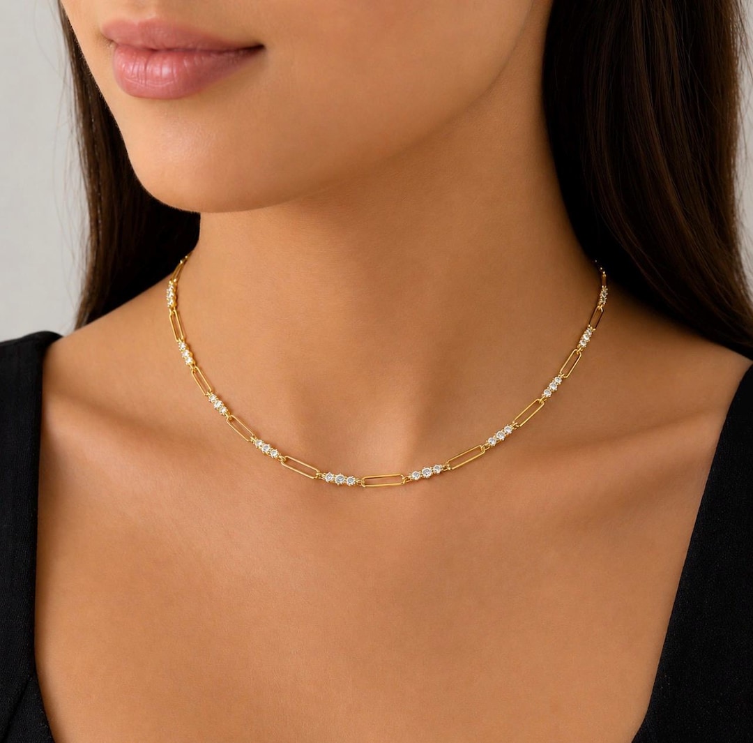 Dainty Gold Chain Necklace, Cubic Zirconia Choker, Paperclip Link ...