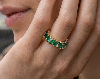 Luxury Emerald Green Eternity Ring Gold Plated Silver Tone CZ Band Ring, Statement Stackable Ring, Elegant Gift for Her