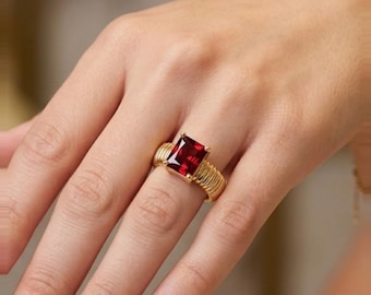 Gold Plated Stainless Steel Statement Ring, Emerald Cut Zircon Ring, Chunky Ribbed Band Ring, Luxury Bold Cocktail Ring for Women Gift