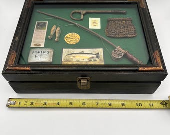 Vintage Fishing Shadow Box Display Case | Rustic Cabin Lodge Wall Decor | Miniature Fishing Rod & Tackle Display
