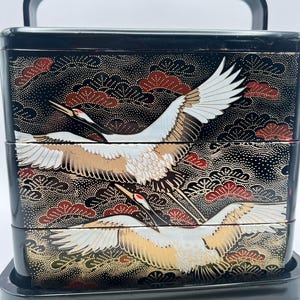 Vintage 1980s Japanese Bento Box, Stacking Sushi Lunch Container, Red Crown Cranes