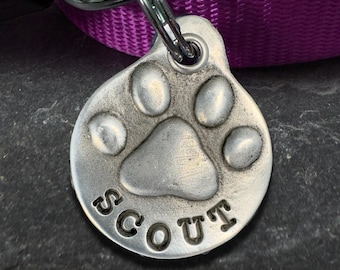 Personalized Dog ID Tag for Collar, Custom Metal Paw Print, Hand Stamped