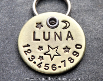 Personalized Pet ID Tag, Copper, Brass, Moon and Stars