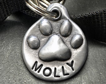 Personalized Pewter Dog Tag: Hand Stamped Paw Print Pet ID