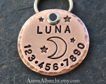 Dog Tags for Dogs Personalized, Hand Stamped Solid Copper Pet ID Tag, Luna Tag, Moon Pet Tag