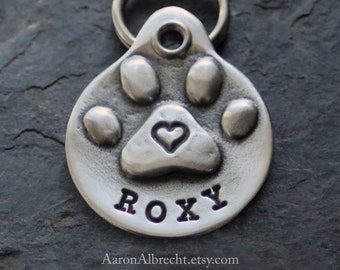 Personalized Pewter Dog Tag: Silent, Hand Stamped, Paw Print ID