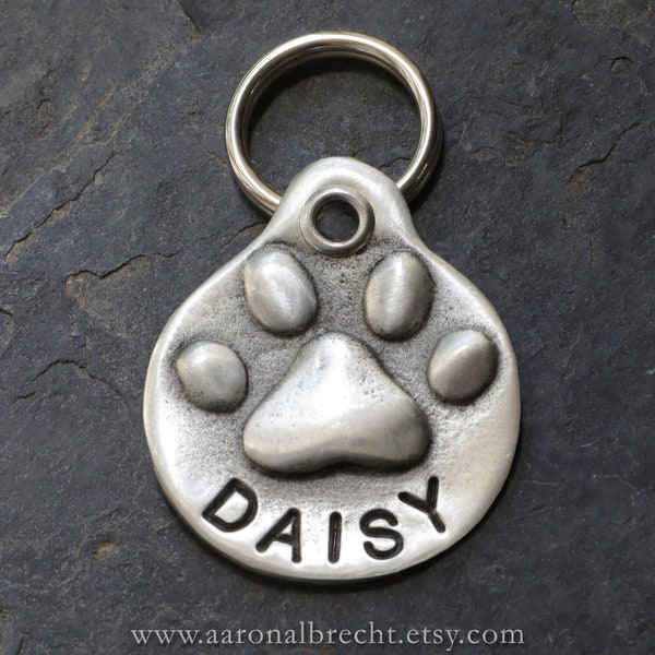 Personalized Dog Tag - Pet ID Tag - Dog Tags - Custom Dog ID Tag - Hand Stamped Pet Tag - Gifts for Pets - Pewter Dog Tag - Paw Print