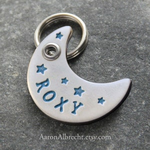 Hand Stamped Dog Tag, Personalized Dog Tag, Custom Dog Tag, Dog Tag For Dogs, Moon Dog Tag, Luna Name Tag Blue