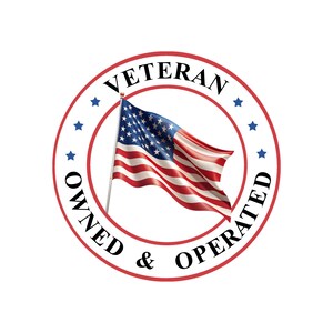 May include: A red, white and blue circular sticker with the text "Veteran Owned & Operated" and a small American flag in the centre.