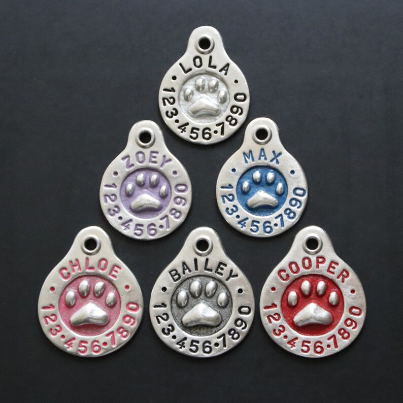 May include: Six silver dog tags with engraved names and paw prints. The names are Lola, Zoey, Max, Chloe, Bailey, and Cooper. Each tag has a different colored enamel paw print: pink, purple, blue, red, gray, and red.