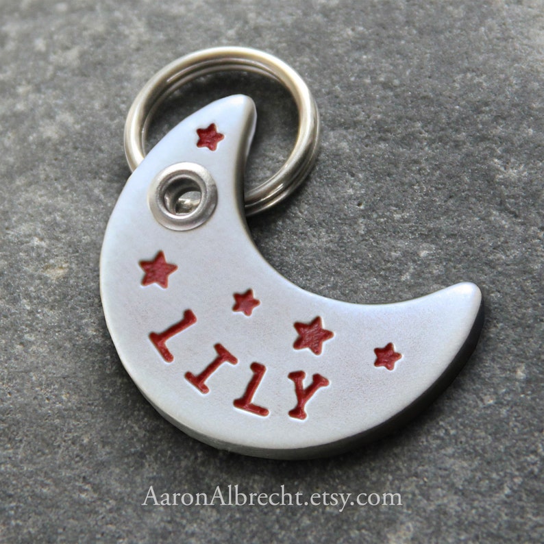 Hand Stamped Dog Tag, Personalized Dog Tag, Custom Dog Tag, Dog Tag For Dogs, Moon Dog Tag, Luna Name Tag Red