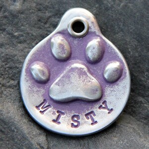 Personalized Dog ID Tag for Collar, Custom Metal Paw Print, Hand Stamped Purple