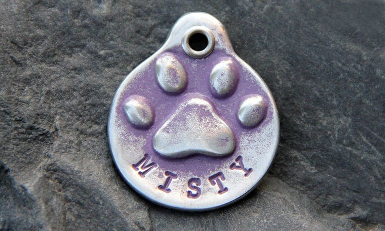 Personalized Dog ID Tag for Collar, Custom Metal Paw Print, Hand Stamped Purple