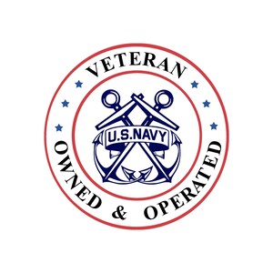 May include: A red, white and blue circular sticker with the text "Veteran Owned & Operated" and a crossed anchor design with the text "U.S. Navy" on a blue ribbon.