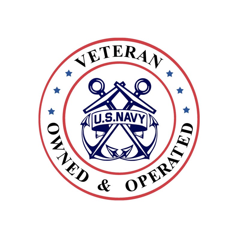 May include: A red, white and blue circular sticker with the text "Veteran Owned & Operated" and a crossed anchor design with the text "U.S. Navy" on a blue ribbon.