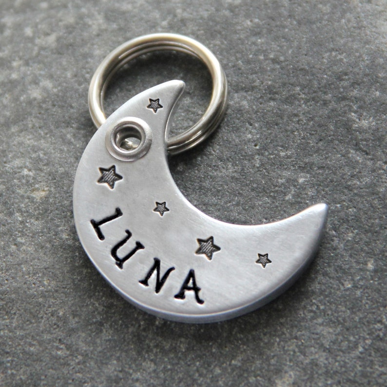 Hand Stamped Dog Tag, Personalized Dog Tag, Custom Dog Tag, Dog Tag For Dogs, Moon Dog Tag, Luna Name Tag Black