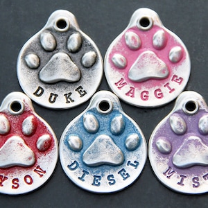 Personalized Dog ID Tag for Collar, Custom Metal Paw Print, Hand Stamped Red