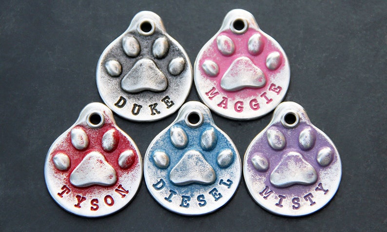 Personalized Dog ID Tag for Collar, Custom Metal Paw Print, Hand Stamped Red