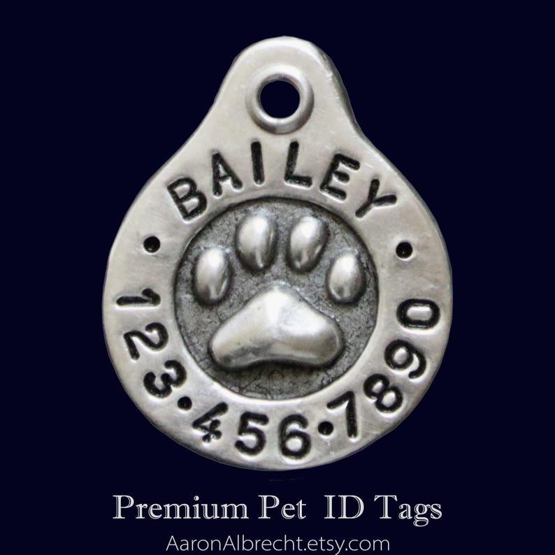 May include: Silver pet ID tag with the name "BAILEY" and the numbers 123.456.7890 engraved around a paw print.