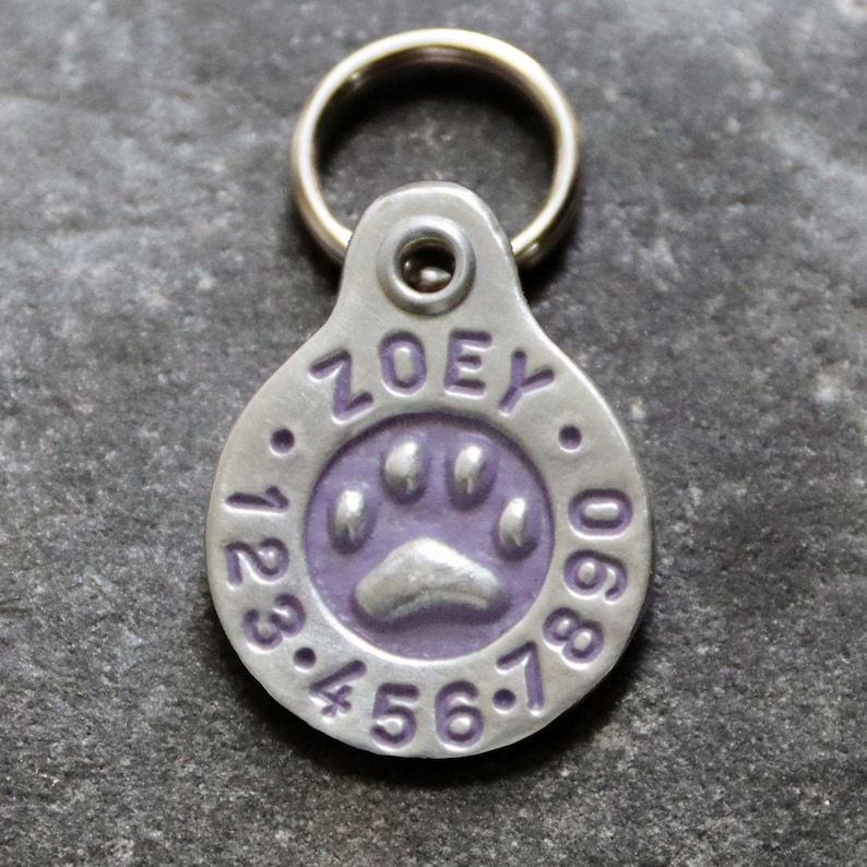 May include: Silver dog tag with a purple paw print and the name "ZOEY" engraved on it. The tag has numbers 1, 2, 3, 4, 5, 6, 7, 8, 9, and 0 around the edge.