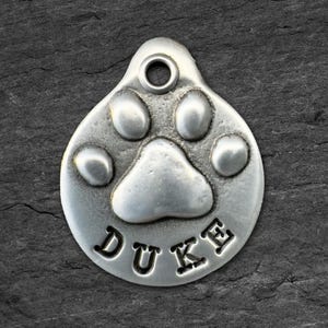 Personalized Dog ID Tag for Collar, Custom Metal Paw Print, Hand Stamped