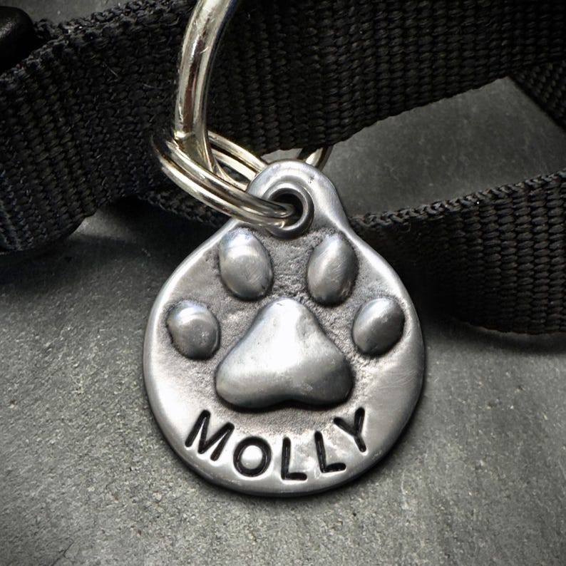 Personalized Pewter Dog Tag: Hand Stamped Paw Print Pet ID image 1