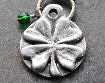 Hand Stamped Shamrock Pet ID Tag: Custom Pewter Dog Tag with Crystal