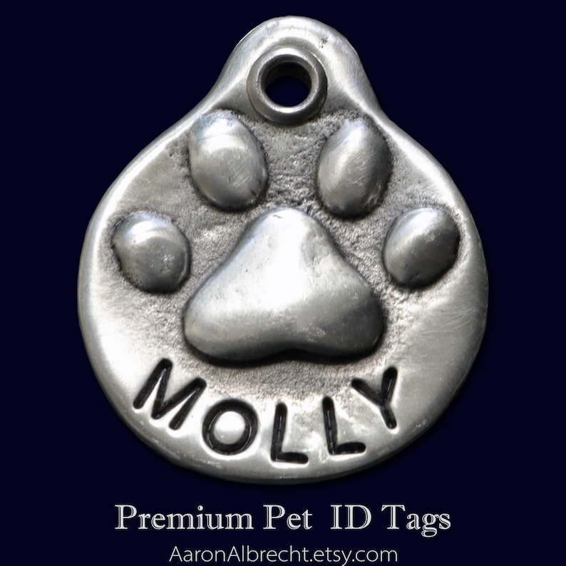 May include: Silver pet ID tag featuring a paw print design with the name "MOLLY" engraved in black lettering.