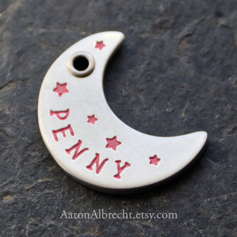 Hand Stamped Dog Tag, Personalized Dog Tag, Custom Dog Tag, Dog Tag For Dogs, Moon Dog Tag, Luna Name Tag Pink