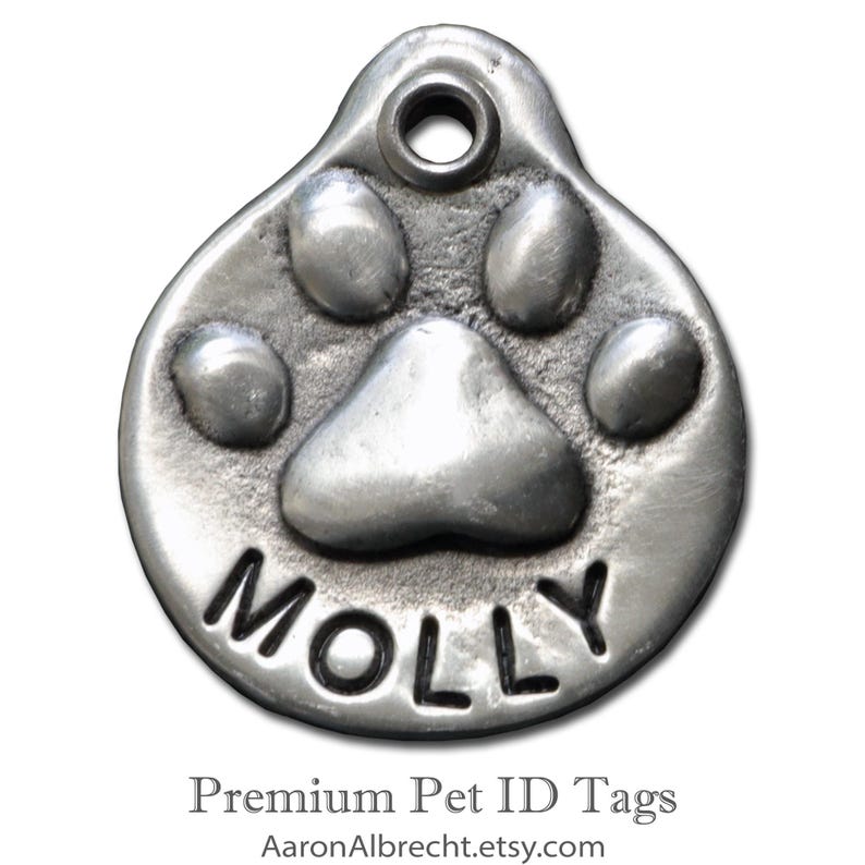 May include: Silver pet ID tag with a paw print design and the name "MOLLY" engraved in black lettering. Premium Pet ID Tags.
