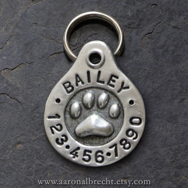 May include: Silver dog tag with a paw print and the name "BAILEY" engraved on it. The tag also has numbers 1, 2, 3, 4, 5, 6, 7, 8, 9, and 0 engraved around the paw print.