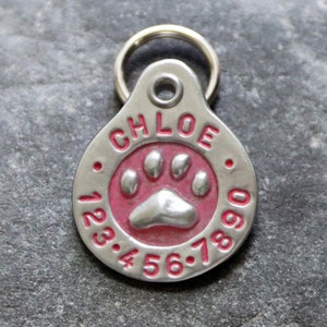 May include: Silver dog tag with a pink paw print and the name "CHLOE" engraved in black lettering. The tag also has numbers 123.456.789 engraved around the paw print.