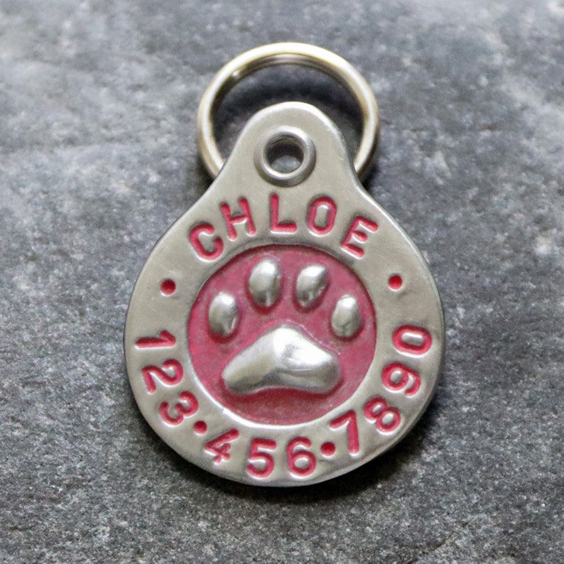 May include: Silver dog tag with a pink paw print and the name "CHLOE" engraved in black lettering. The tag also has numbers 123.456.789 engraved around the paw print.
