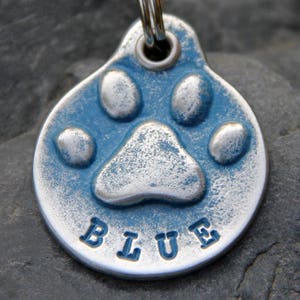 Personalized Dog ID Tag for Collar, Custom Metal Paw Print, Hand Stamped Blue