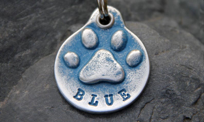 Personalized Dog ID Tag for Collar, Custom Metal Paw Print, Hand Stamped Blue