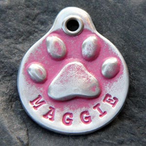 Personalized Dog ID Tag for Collar, Custom Metal Paw Print, Hand Stamped Pink