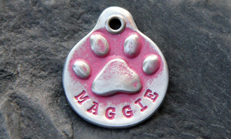 Personalized Dog ID Tag for Collar, Custom Metal Paw Print, Hand Stamped Pink