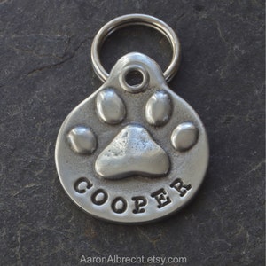 Personalized Dog ID Tag for Collar, Custom Metal Paw Print, Hand Stamped image 1